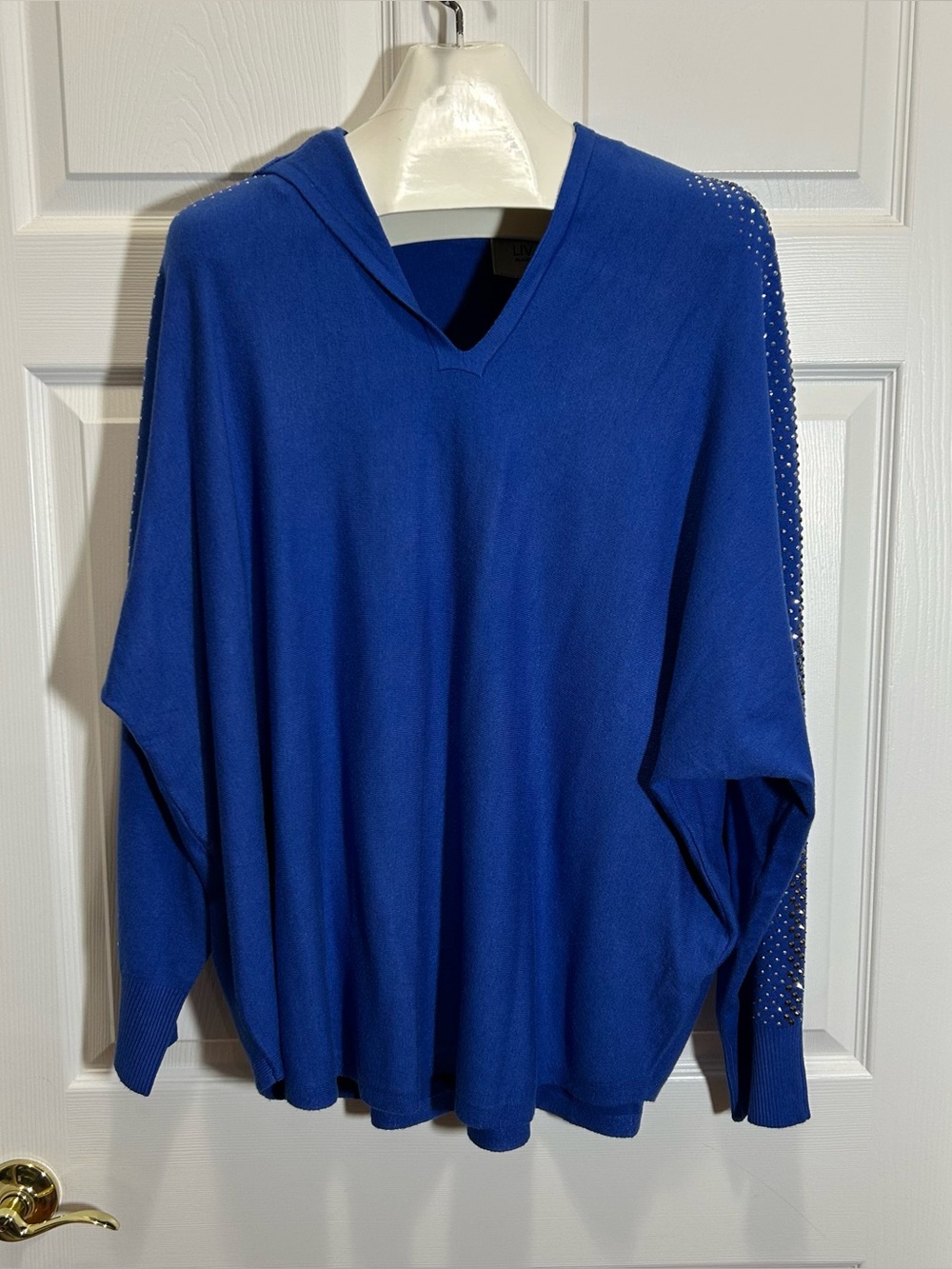 Liv Milano Blue V-Neck Hooded Sweater with Studded Sleeves